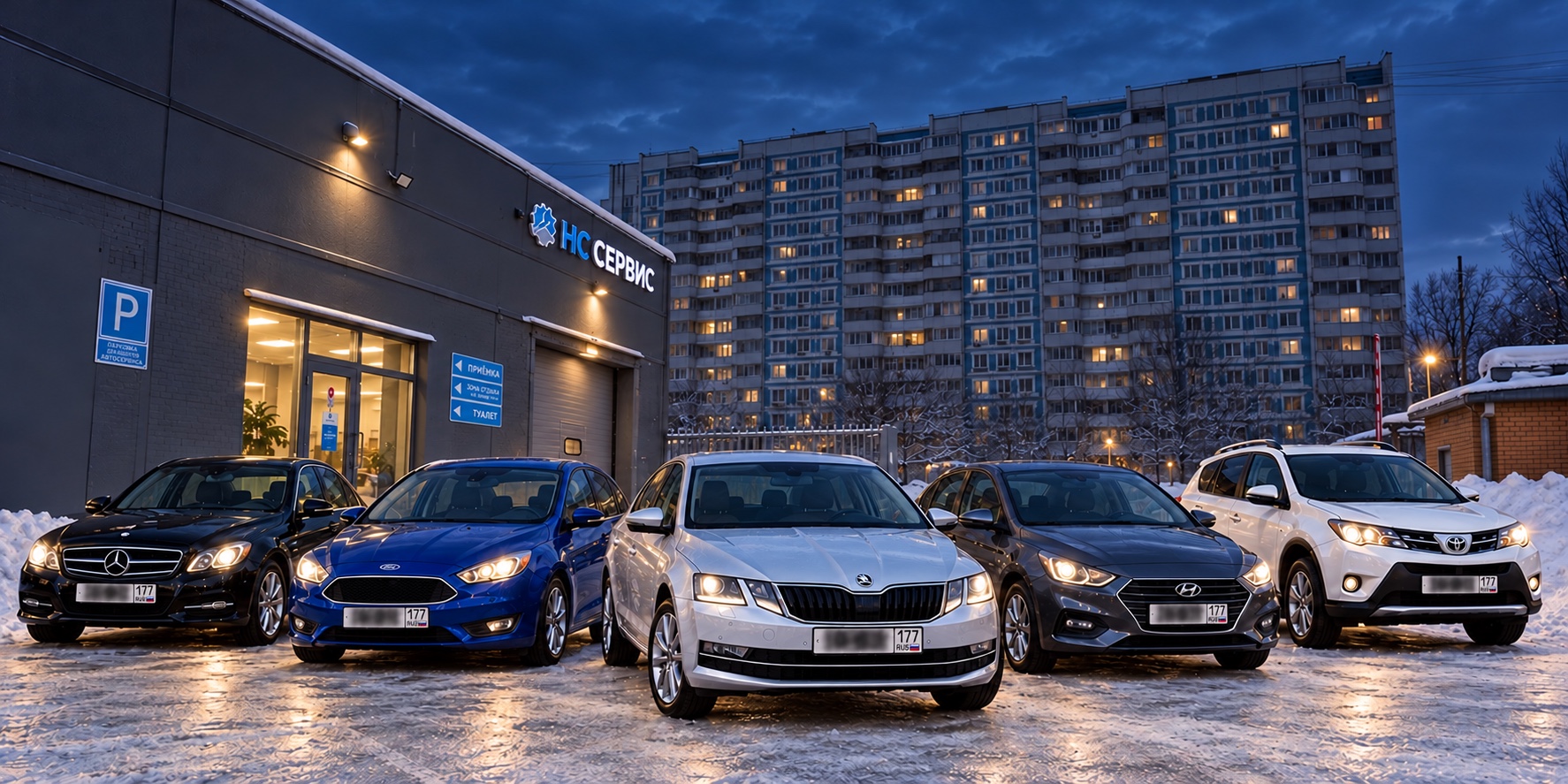 Пять обычных автомобилей: Mercedes-Benz, Ford Focus, Škoda Octavia, Hyundai Solaris и Toyota RAV4 у мастерской